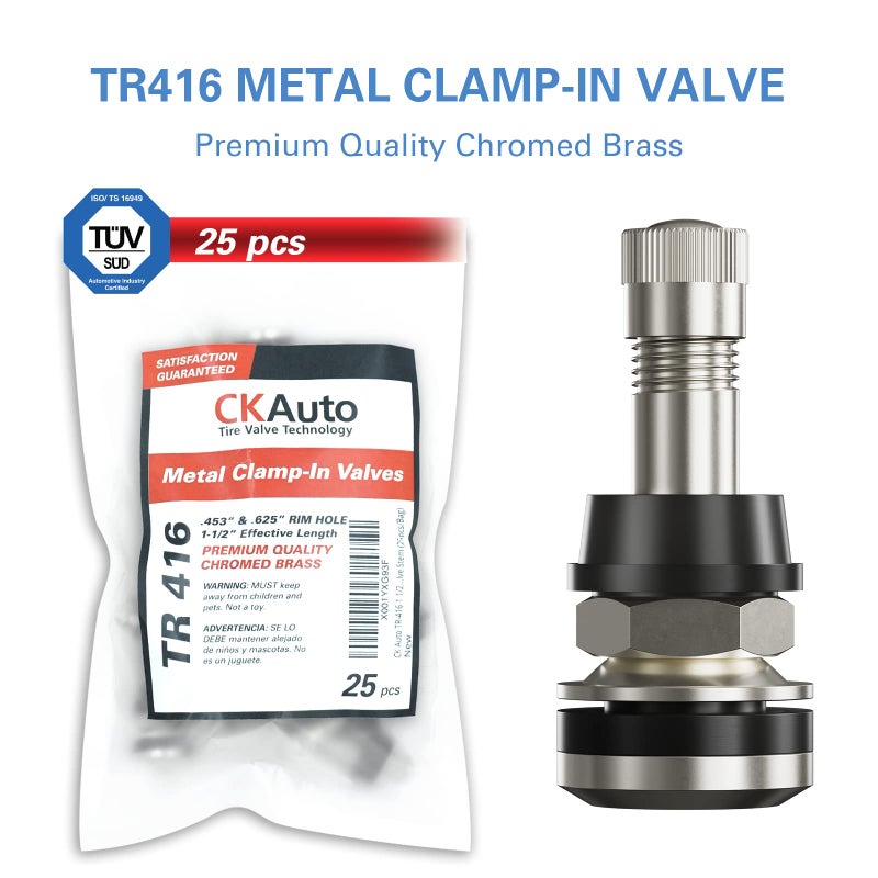 CKAuto صمامات معدنية CKAuto 25 قطعة TR416 تركيب خارجي تناسب فتحات الحافة .453" و .625" طول 1 1/2"، فضي - Image 2